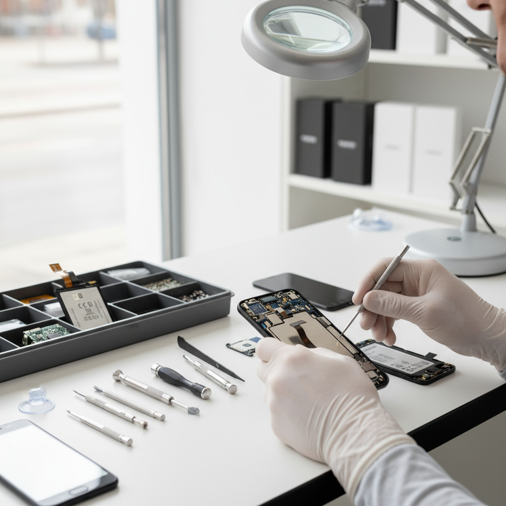 Technician repairing a smartphone on a workbench