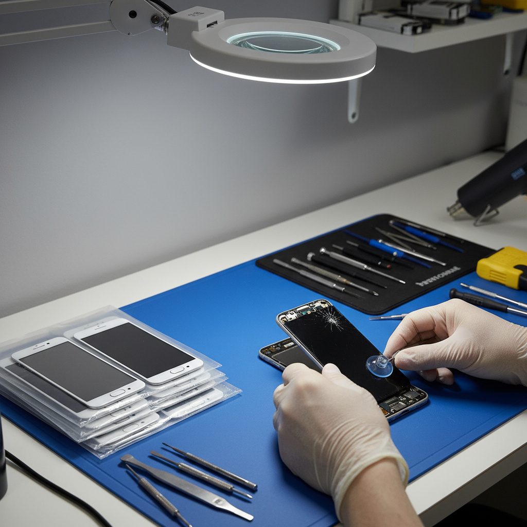 Technician replacing a smartphone screen