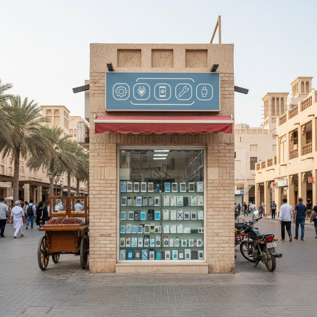 Storefront of a mobile repair shop in Doha